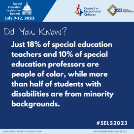 Text: Did you know? Just 18% of special education teachers and 10% of special education professors are people of color, while more than half of students with disabilities are from minority backgrounds.  - on a blue background with SELS header