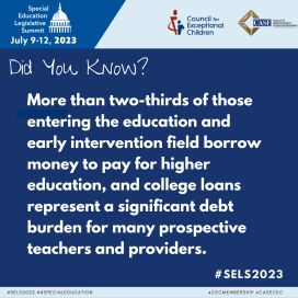 Text: Did you know? More than two-thirds of those entering the education and early intervention field borrow money to pay for higher education, and college loans represent a significant debt burden for many prospective teachers and providers.  - on a blue background with SELS header