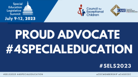 Text: PROUD ADVOCATE  #4SPECIALEDUCATION  - on a blue background with SELS header
