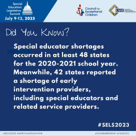 Text: Did you know? Special educator shortages occurred in at least 48 states for the 2020-2021 school year. Meanwhile, 42 states reported a shortage of early intervention providers, including special educators and related service providers.  - on a blue background with SELS header